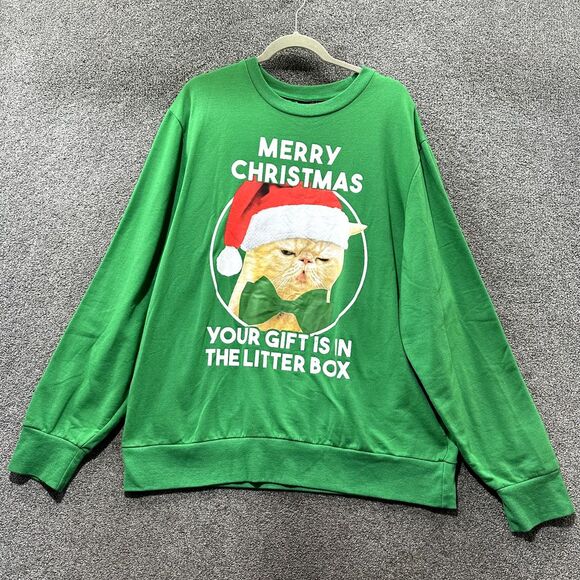 Mad Engine Sweatshirt  XL Green Holiday Santa Cat Long Sleeve‎ Crewneck Funny - Picture 1 of 16